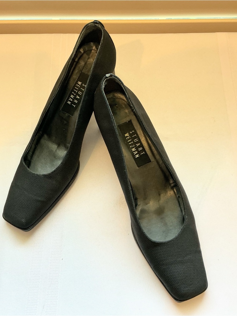 Vintage car Stuart Weitzman Black Fabric Square Toe Block Heel Pumps.